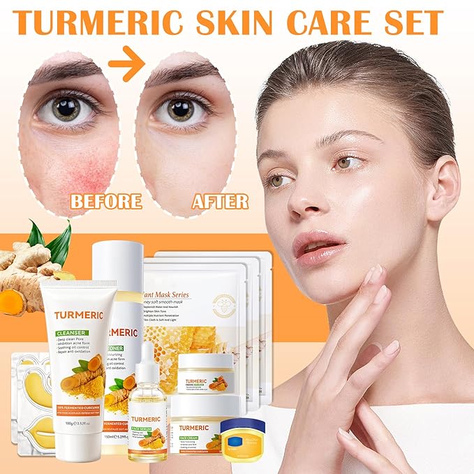 Turmeric skincare set with face wash, eye cream, toner, cream, serum, tinted lip balm, 3 honey face masks, under eye patches and lip mask (11 pcs) by Brand