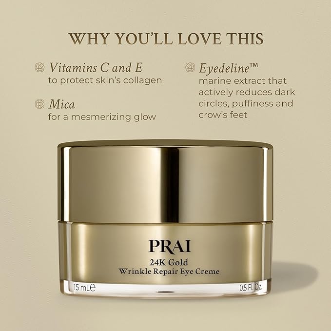 PRAI Beauty 24K Gold Wrinkle Repair Eye Creme - Anti-Aging and Anti-Wrinkle Eye Cream - Infused with Hyaluronic Acid and Real 24K Gold, 0.5 Oz