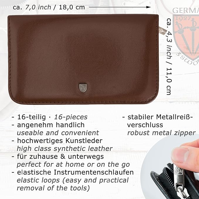 3 Swords Germany - brand quality 16 piece manicure pedicure grooming kit set for professional finger & toe nail care scissors clipper synthetic leather case, Made in Germany