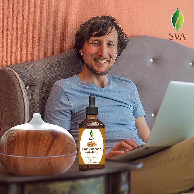 SVA Frankincense Essential Oil – 4 Fl Oz – 100% Natural Boswellia Serrata Oil - for Diffuser, Hair Care, Face, Skin Care, Aromatherapy, Scalp and Body Massage, Soap and Candle Making – with Dropper