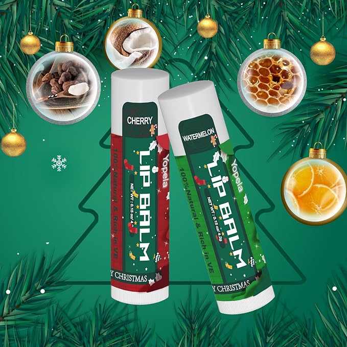 Yopela 19 Pack Christmas Natural Lip Balm Bulk with Vitamin E and Coconut Oil Lip Care Set - Moisturizing, Soothing, and Repairing Dry and Chapped Lips - 19 Flavors - Non-GMO