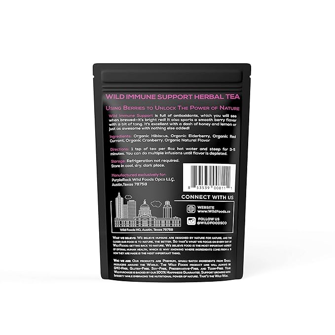 Wild Foods Immune Support Tea | Organic Elderberry, Currant, Hibiscus and Cranberry | Superberry Antioxidant Blend Loose Leaf Herbal Teas | Natural Immunity Boost | (TWO x 4 ounce)