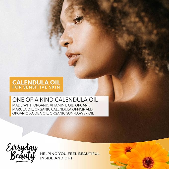 Organic Calendula Oil For Sensitive Skin - 2 Fl Oz Pump Top - USDA Certified 100% All Natural Plant Based, Lightweight & Unscented Gentle Soothing Oil For Sensitive Skin - For Face, Skin & All Over