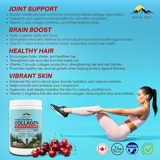 Cherry HYDROLYZED Marine Collagen with HYALURONIC Acid & Vitamin C. 350g. Join,Hair,Skin & Bones Support.