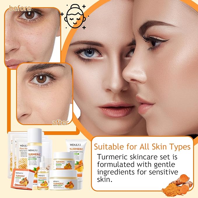Turmeric Soap Skincare Set with Honey Face Sheets Mask,Hydrating Travel Size Turmeric Face Wash,Moisturizing Face Toner & Face Serum & Face Cream,Eye Cream Skin Care Gift Set for Women（9PCS)