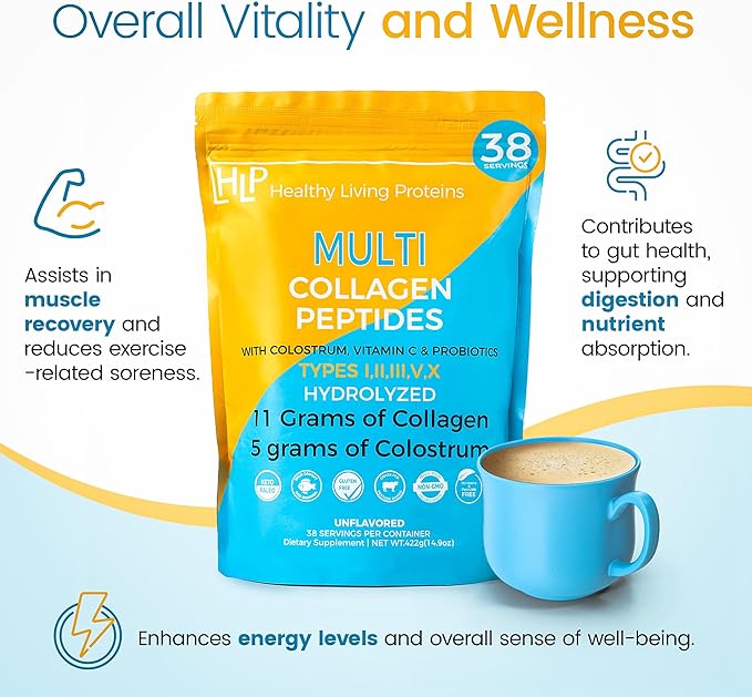 HLP Collagen Supplement for Better Absorption & Immune Support- Multi Collagen Peptides Powder with Colostrum- Improve Strength, Wellness & Vitality with Multi Collagen Protein- Unflavored- 38 Serving