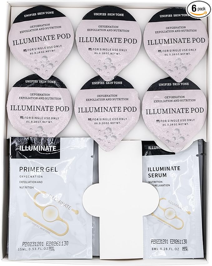 Illuminate - Oxygen Facial CO2 Therapy, Home Facial, 6 Pods + 6 Primer Gel + 6 Serum After Treatment (New Formula Less Foam)