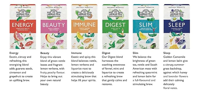 Ahmad Tea Natural Benefit Functional Tea Selection Pack | Green teas, Fruit & Herbal Infusions | Perfect herbal tea gift - 60 Teabag Sachets | 6 blends