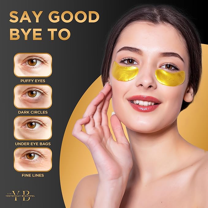24k Gold Under Eye Patches (20 Pairs), facial wrinkle patches, Hyaluronic Acid, Aloe Vera, Collagen Skin Care anti wrinkle treatment, Eye Patches for Puffy Eyes, eye masks dark circles and puffiness