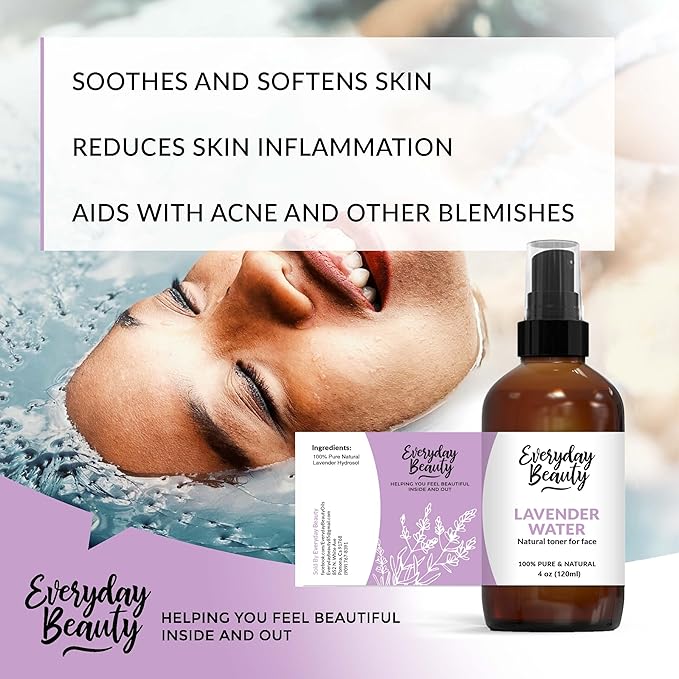 Lavender Hydrosol Facial Toner - All Natural Hydrating Spray Mist for Face and Hair - 100% All Natural Lavender Water Hydrosol 4oz with Fine Mist Cap