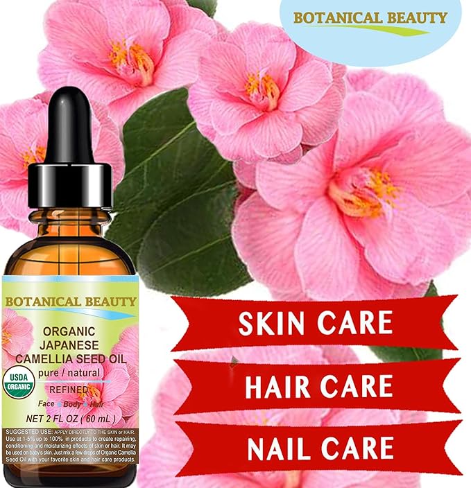 Botanical Beauty Japanese ORGANIC CAMELLIA Seed Oil. 100% Pure Natural Undiluted Refined Cold Pressed Carrier Oil to revitalize and rejuvenate the hair, skin and nails. 0.5 Fl. oz 15 ml