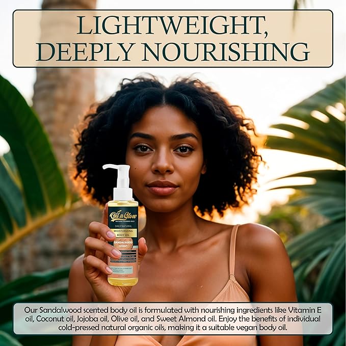 100% Pure Natural Hydrating Body Oil After Shower with Vitamin E, Coconut, Jojoba, Olive, Almond - Moisturizing Oil For Dry Skin, Non-Greasy Body Oils - Sandalwood Scent, 5.07 fl oz