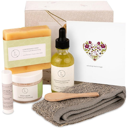 Lizush Lemongrass 6-Piece Spa Gift Set for Women - Relaxing Self-Care Basket, Luxury Handmade Body Care Items for Premium Relaxation - Sending Hugs - Handmade in the USA