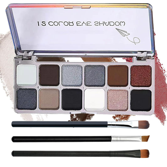 Black Grey Smoky Eyeshadow Palette,15 Colors Matte Shimmer Pigmented Eye Shadow Makeup Palette Set with 3 Eyeshadow Brushes,Glitter Eye Shadow for Daily Halloween Goth Makeup(N)