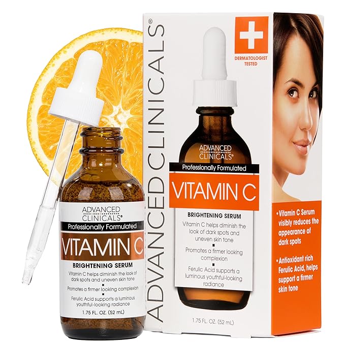Advanced Clinicals Brightening Vitamin C Serum For Face With Glycolic Acid + Lactic Acid | Vitamin C Eye Serum Face Moisturizer For Improving Look Of Dark Spots & Uneven Complexion, 1.75 Fl Oz