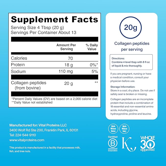 Vital Proteins Collagen Peptides Powder - Supports Hair, Nail, Skin, Bone & Joint Health, Unflavored, Collagen Protein 9.33 OZ