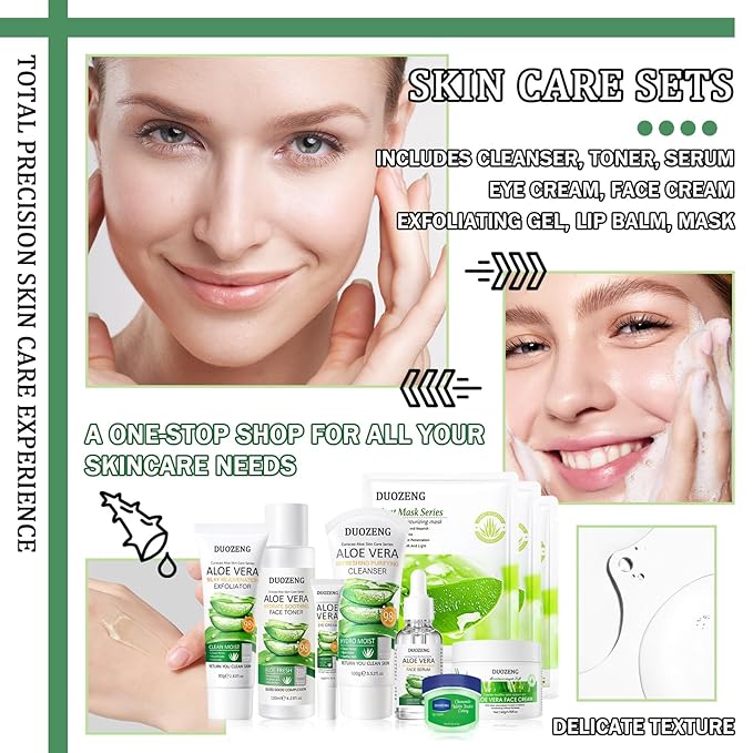 10Pcs Skin Care Kit,Skincare Gift Set with Facial Cleanser,Toner,Serum,Eye Cream, Face Cream,Exfoliating Gel,Sleeping Lip Mask & 3 Pcs Aloe Vera Mask Kit for Women