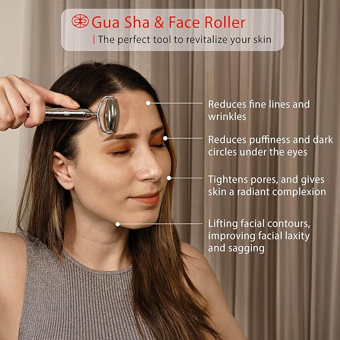 Rena Chris Gua Sha and Face Roller Set: Anti-Breakage Stainless Steel Roller for Long-Lasting Use, Jawline Sculpting and Puffiness Reducing, Gua Sha Facial Tools for Self Care Gift (Silver)