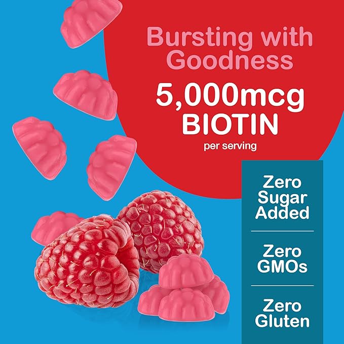 Yum-Vs - High Potency Biotin Gummies 5,000mcg Sugar Free Biotin Vitamins for Hair, Skin & Nails - B7 Biotin Hair Growth Gummy for Women & Men - Zero Sugar Raspberry Flavor Hair Skin Nails Gummies (60)