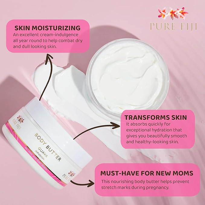 PURE FIJI Body Butter - Moisturizer Body Butter Cream - Face Cream and Body Lotion for Dry Skin with Natural Oils & Vitamin E, Body Butter For Women for Men, Guava, 8oz