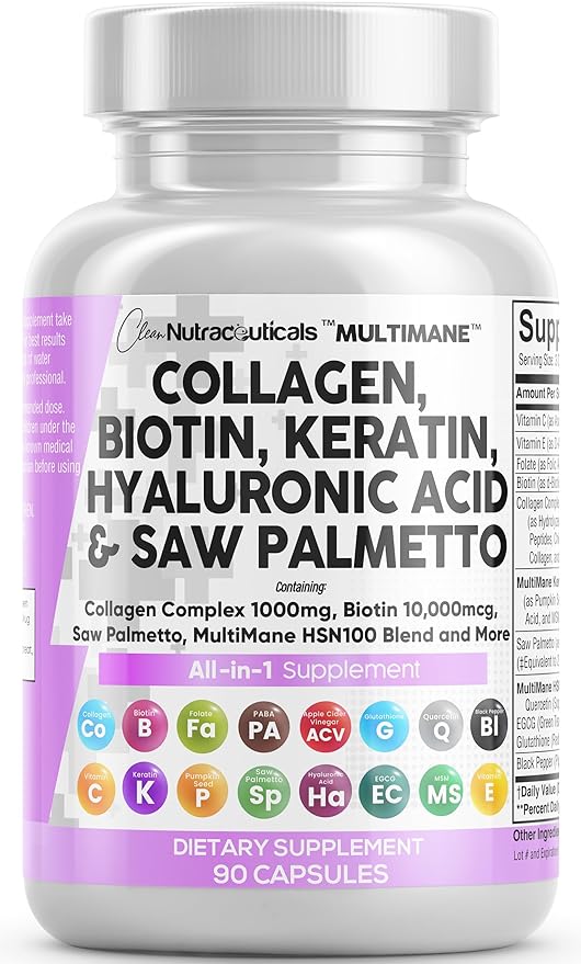 Clean Nutraceuticals Collagen Pills 1000mg Biotin 10000mcg Keratin Saw Palmetto Hyaluronic Acid - Hair Skin & Nails Vitamins & DHT Blocker with Vitamin E Folic Acid Pumpkin Seed MSM - 90 Count
