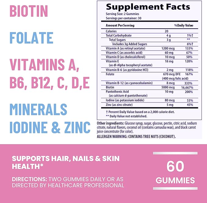 Beauty+ Hair Nails and Skin Vitamins - Biotin Gummies 5,000 Mcg - Folate - Vitamin B Complex B5, B6, B12 - Biotin Vitamins - Faster Hair Growth Gummies, Stronger Nails, Healthy Skin Care