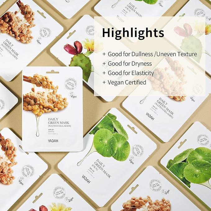YADAH Daily Green Facial Sheet Mask, Natto Collagen, Pack of 5 – Vegan 100% Eco-friendly Mask Sheet for Skin Elasticity