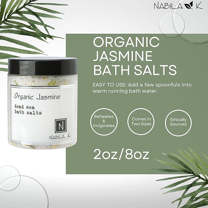 Organic Jasmine Bath Salts by Nabila K - Dead Sea Salt & Epsom Salt Scrub & Soak - Exfoliates & Hydrates Skin, Botanical Essential Oils - Bubble Bath Accessories for All Skins Types, 8 oz