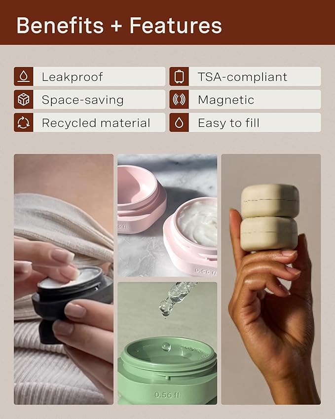 Cadence Travel Containers - Basic Skincare Set - Magnetic Travel Capsules - Facial Cleanser, Moisturizer, Sunscreen - 3 Small Capsules (0.56oz) with Cleanser, Moisturizer & Sun-Icon Labels - Charcoal