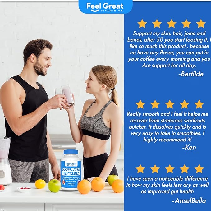 Hydrolyzed Collagen Peptides Powder Capsules (Type I &III) by Feel Great Vitamin Co. | Wheat Free, Keto & Paleo Friendly | Collagen Powder Supplement for Hair, Skin and Nails*