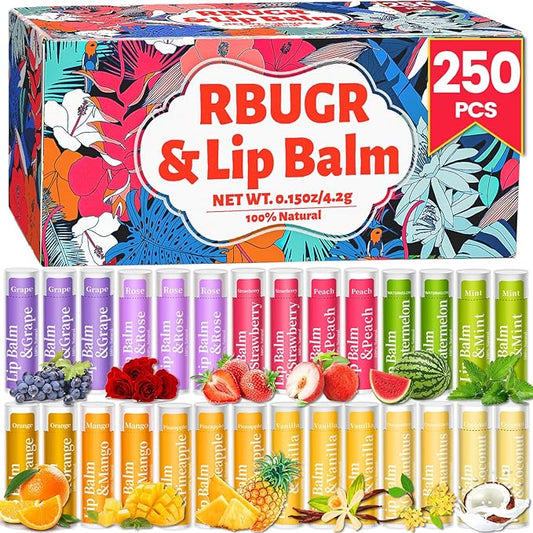 250 Pcs Lip Balm Bulk,12 Fruit Flavored Natural Bulk Lip Balm, Lip Balms Pack with Vitamin E, Lip Balms Gift Set Women Stocking Stuffers Party Favors, Moisturizing&Soothing(4.2g/0.15oz)