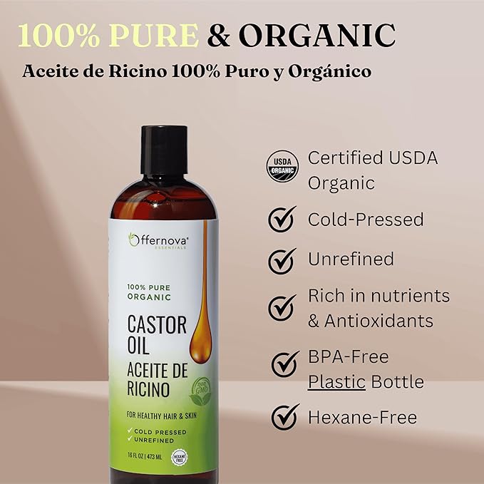 Castor Oil 16 OZ- Aceite de Ricino - Cold Pressed 100% Pure, Certified Organic, Hexane Free for Eyelashes, Eyebrows, Frizzy, Hair Growth Women and Men, Beard Growth