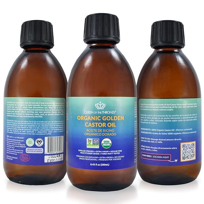 QUEEN OF THE THRONES Organic Golden Castor Oil | 100% Pure for Hair, Skin, Nails, Brows & Lashes | Hexane-Free | USDA Certified [8.4oz (250ml)]