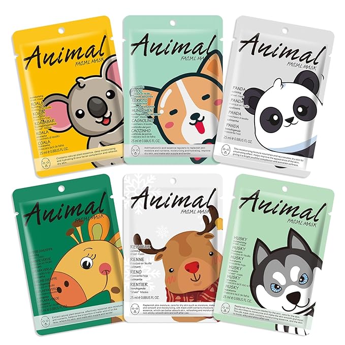 Boobeen 6 Animal Hydrating Face Mask Set, Sheet Face Mask Skincare to Moisturizing Skin, Holiday Present Pack Facial Mask Skincare, Face Skin Treatment Mask for All Skin Types