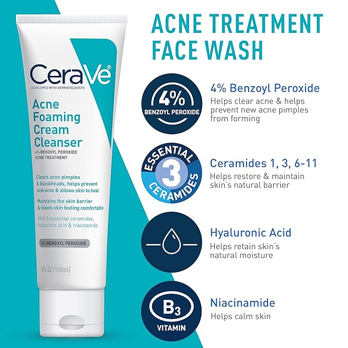 CeraVe Acne Skin Care Set, 5oz Acne Foaming Cream Cleanser + 1oz Resurfacing Retinol Serum + 2oz AM Facial Moisturizing Lotion with SPF 30 + 2oz PM Facial Moisturizing Lotion
