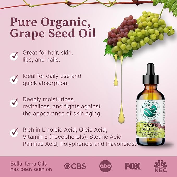 Bella Terra Oils - Organic Grape Seed Oil 8 oz - Dive into Organic Grape's Nutritional Power, Packed with Antioxidants & Omega-6, Elevate Your Skin Care Essence