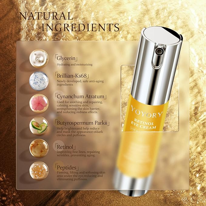 Retinol Under Eye Cream - Anti-aging Eye Cream for Eye Bags, Dark Circles, and Fade Wrinkles, Fine Lines Skin Care Treatment for Women and Men, Gold(0.67 Fl Oz)