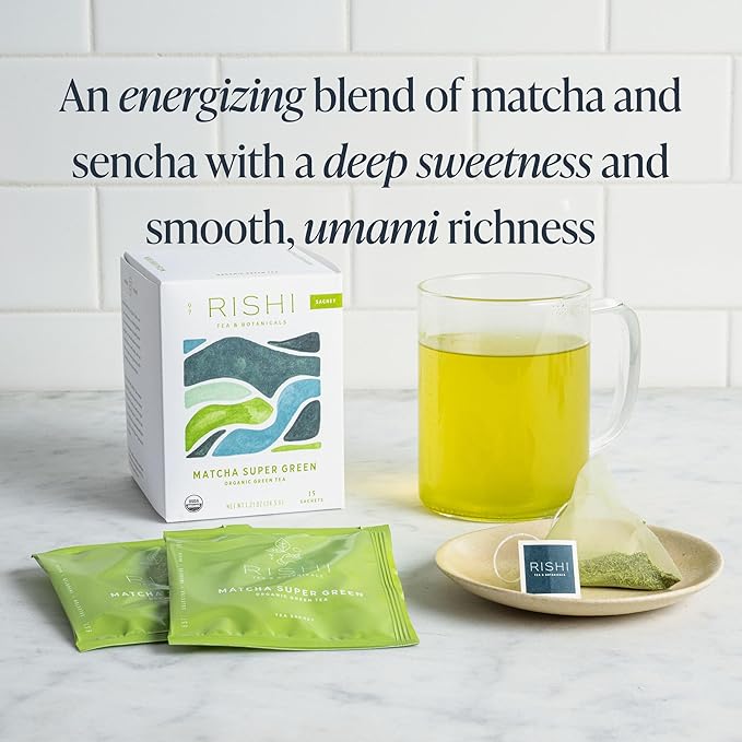 Rishi Tea Matcha Super Green Japanese Tea - Organic, Caffeinated Sachet Bags, Umami, Antioxidant Rich Sencha & Matcha Blend - 15 Count (Pack of 6)