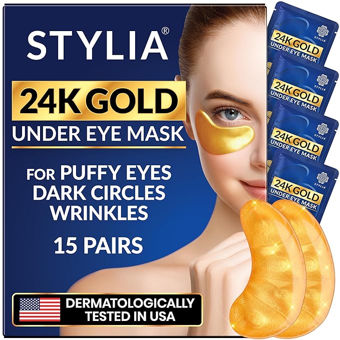 Stylia Under Eye Patches for Dark Circles and Puffy Eyes (15 Pairs) - 24k Gold Collagen Mask with Hyaluronic Acid, Eye Masks for Dark Circles and Puffiness, Gifts for Women, Valentines Day Gifts