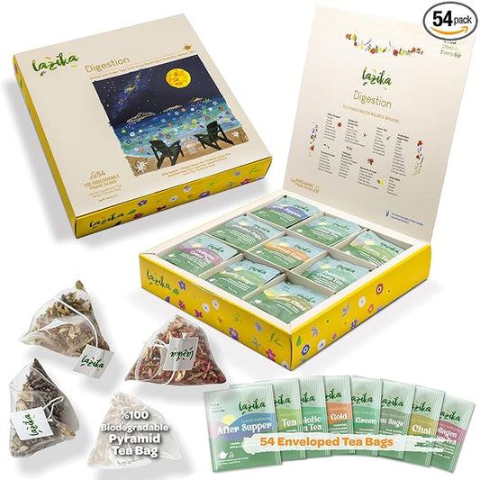 Lazika Herbal Tea Variety Pack with Lovely Presentation Box, 54 Counts Digestion Tea Assortment Gift Set, Premium Collection with Pyramid Infuser Bag, Handcrafted