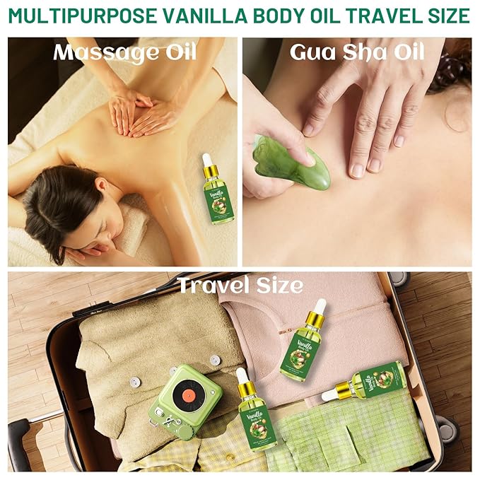 3 Pack Vanilla Body Oil Scented, Jojoba Oil and Vitamin E & C Infused Body Oils for Women after Shower, Highly Moisturize and Rejuvenate, Easily Absorb, Travel Size 1.01 fl.oz/30 ml