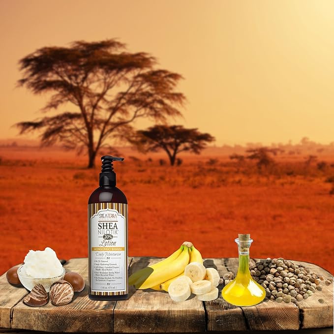 Shea Terra Organics Nilotik’ Shea Butter Ultra-Rich Lotion – Mongongo Banana | Natural Daily Moisturizer High in Vitamins & Fatty Acids with Antioxidant Properties to Soften & Protect Dry Skin– 16 oz