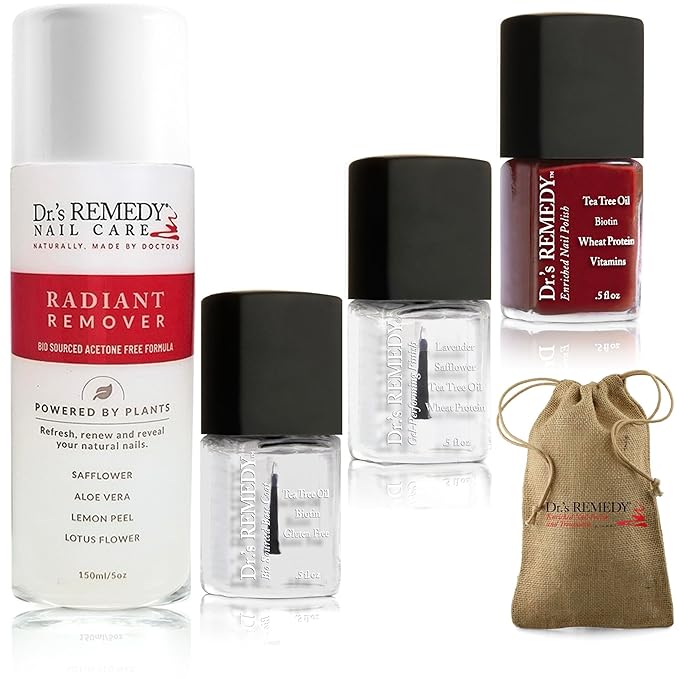 Dr's Remedy 4 Pack Nail Polish Treatment, Smart Start Kit, Non Toxic and Organic All Natural Enriched Nail Strengthener - RADIANT Remover/BASIC Base Coat/CALMING Clear/REMEDY Red with BONUS Jute Bag