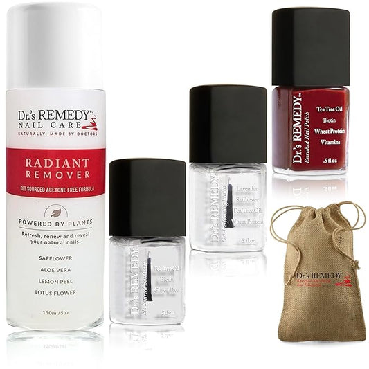 Dr's Remedy 4 Pack Nail Polish Treatment, Smart Start Kit, Non Toxic and Organic All Natural Enriched Nail Strengthener - RADIANT Remover/BASIC Base Coat/CALMING Clear/REMEDY Red with BONUS Jute Bag