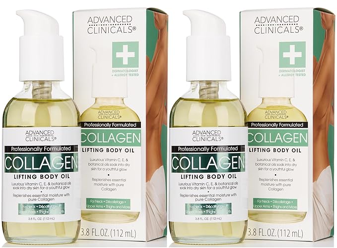 Advanced Clinicals Firming Collagen Body Oil Skin Care Moisturizer | Massage Body Oil | Tighten, Firm, & Hydrate Collagen Oil For Scars, Wrinkles, Crepey Skin, & Stretch Marks, 2-Pack