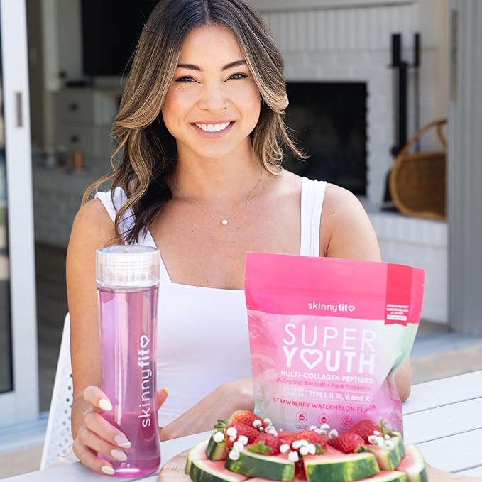 SkinnyFit Super Youth Strawberry Watermelon Multi-Collagen Peptides + Probiotics, Baobab Fiber, Apple Cider Vinegar, Hyaluronic Acid, & Vitamin C, Skin, Hair, Joint & Metabolism Support, 30 Servings