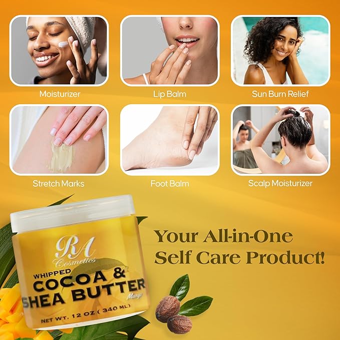 RA COSMETICS Whipped Cocoa & Shea Butter, Mango - 12oz | 100% Pure & Natural Skin Moisturizer with Coconut Oil | Vitamin-Rich Body Butter for Soft, Supple, and Radiant Skin & Healthy Hairs