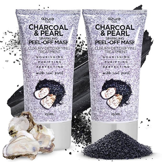 AZURE Charcoal & Pearl Luxury Anti Aging Peel Off Face Mask- Moisturizing & Purifying - Removes Blackheads, Dirt & Oils - With Hyaluronic Acid & Collagen - Skin Care - Pack of 2