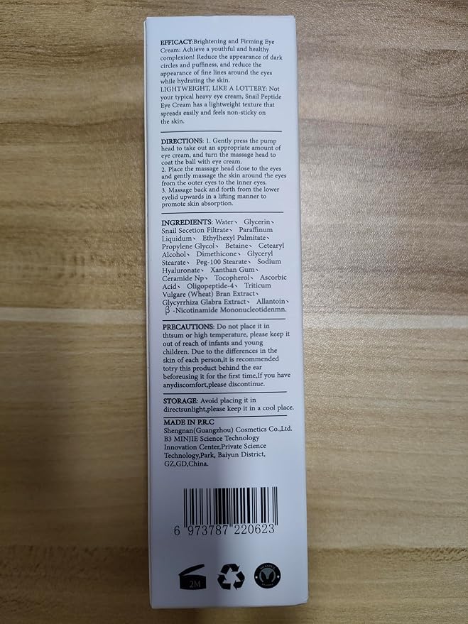 Snail Peptide Eye Cream For Moisturizing, 2 Pcs Snail Mucin Eye Cream With Niacinamide, Hyaluronic Acid For Dark Circles, Puffiness and Fine Lines, 34 ML.