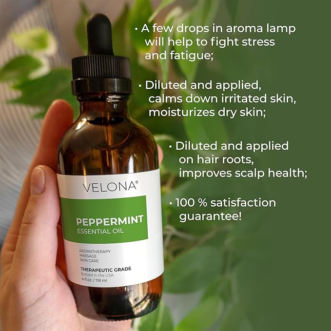 velona Peppermint Essential Oil 4 Fl Oz | Therapeutic Grade 100% Pure and Natural | for Aromatherapy Diffuser, Massage, Skincare, Haircare, Soapmaking | Undiluted and Multipurpose in Glass Bottle